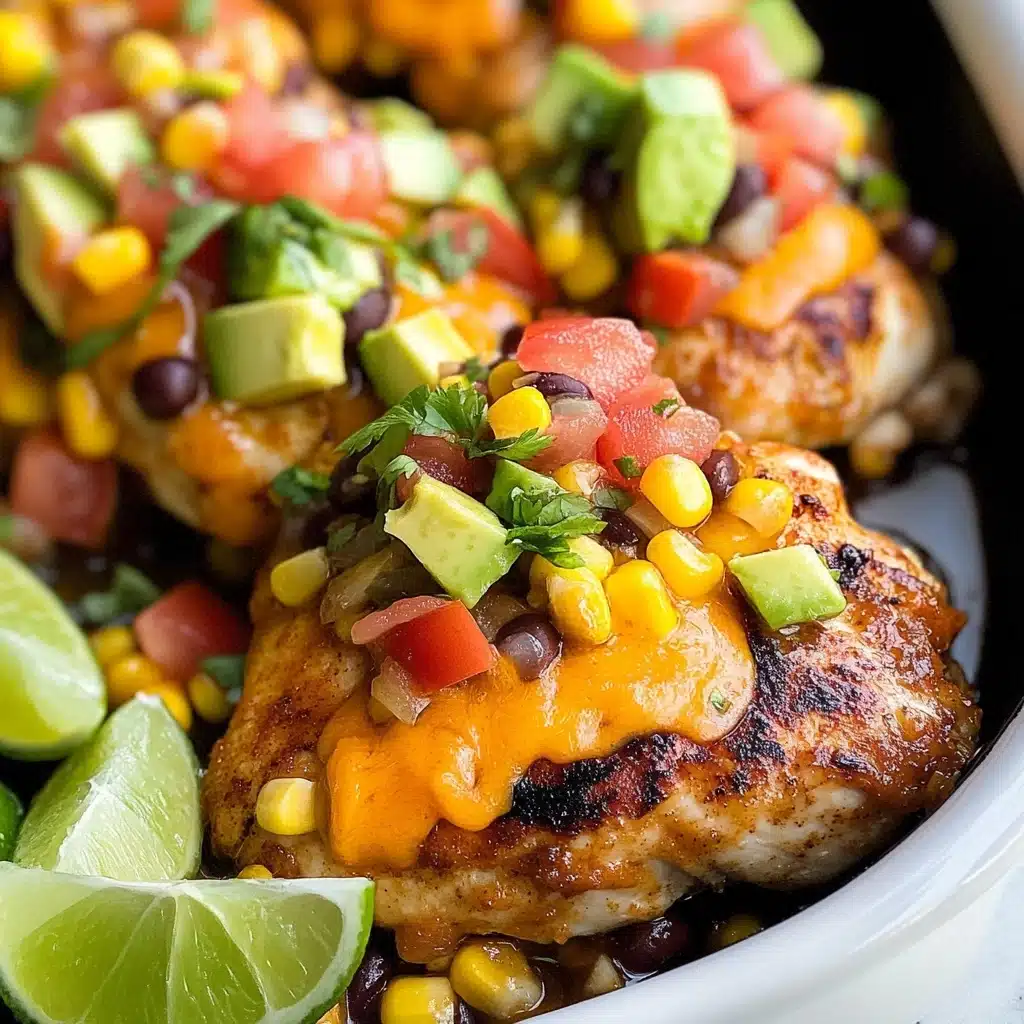 Santa Fe Chicken with Fresh Avocado Salsa, Santa Fe Chicken, Chicken with Avocado Salsa, Quick Chicken Recipes, Healthy Mexican Chicken Four grilled pieces of chicken sit close together on a dark pan. Each piece has a crispy browned outer layer topped with melted yellow cheese. On top of the cheese, there is a colorful mix of black beans, yellow corn kernels, chopped red tomatoes, green avocado cubes, and bits of green herbs. Two lime wedges with bright green skin and juicy light green insides rest near the chicken. The background is a white marbled texture.