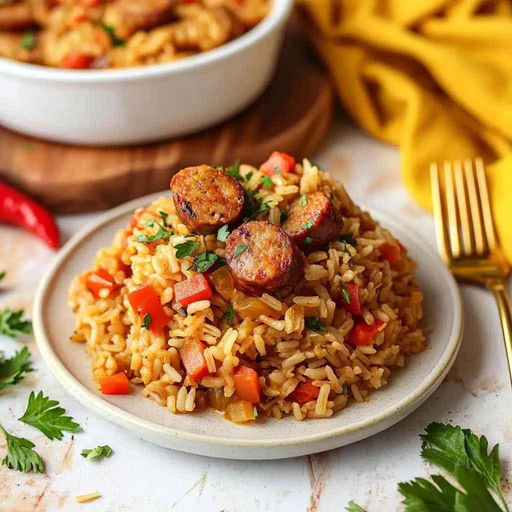 Cajun Dirty Rice with Smoked Sausage, Cajun dirty rice, spicy sausage rice, Louisiana style dirty rice, flavorful Cajun rice dish The image shows a white plate with two layers stacked on top; the bottom layer is plain and the top layer holds a serving of rice mixed with pieces of browned sausage and small red bell pepper chunks, all coated in a slightly oily, orange-colored sauce. The rice looks soft and well-cooked, with some green parsley sprinkled on top as garnish. To the right of the plate, there are gold-colored fork and knife placed neatly. In the background, there is a large white bowl filled with the same dish, sitting on a wooden board, and next to it is a small white bowl holding diced red bell peppers. Some fresh parsley and a yellow cloth are scattered around the scene on a white marbled surface.