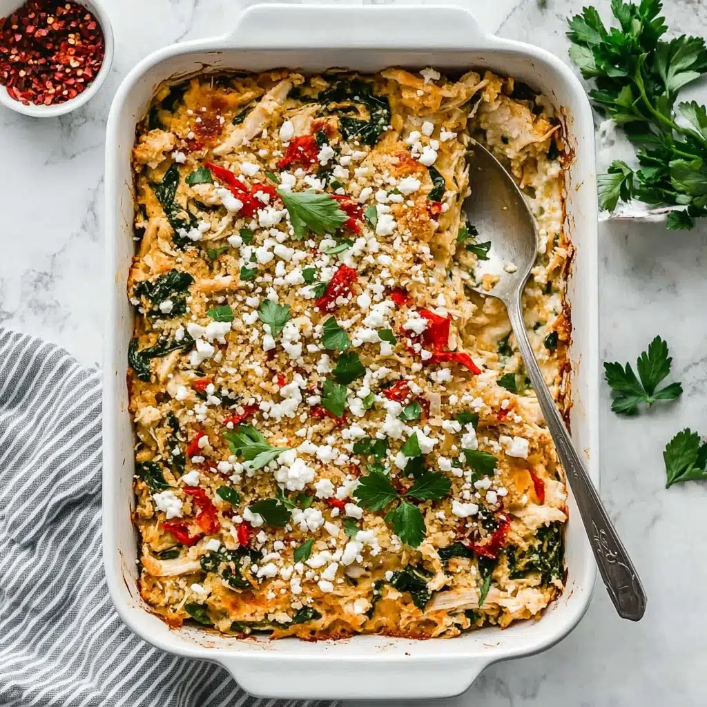 Greek Chicken Orzo Casserole, Greek chicken casserole, easy chicken orzo bake, Mediterranean chicken casserole, healthy Greek chicken dish A white baking dish filled with a mixed casserole showing three main visible layers: the base layer with shredded chicken and wilted dark green spinach; the middle layer with broken red roasted pepper pieces and creamy melted cheese; and the top layer sprinkled with crumbled white feta cheese and small green parsley leaves scattered throughout. The dish is placed on a white marbled textured surface with a small white bowl of dried red peppers and a white bowl of fresh parsley leaves nearby. A silver spoon rests inside the baking dish, slightly digging into the casserole, and a striped gray and white cloth is partly visible on the side.