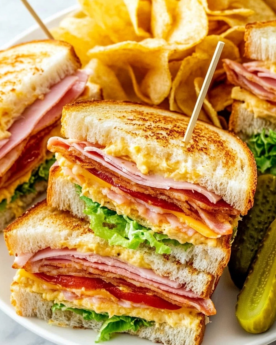 Ultimate Turkey and Ham Club Sandwich, turkey and ham sandwich, deli sandwich recipes, easy lunch ideas, layered club sandwich The image shows a plate with several club sandwich quarters stacked closely. Each sandwich has three layers of toasted white bread with visible layers in between: green shredded lettuce on the top middle, pink sliced ham in the middle, crispy bacon, red tomato slices, and melted yellow cheese. The bread has a golden crust and soft inner texture. To the side, there are ridged potato chips piled up and three green pickles placed on the white marbled surface. Small wooden skewers hold each sandwich quarter together, and the scene is well-lit showing the fresh colors and textures clearly.