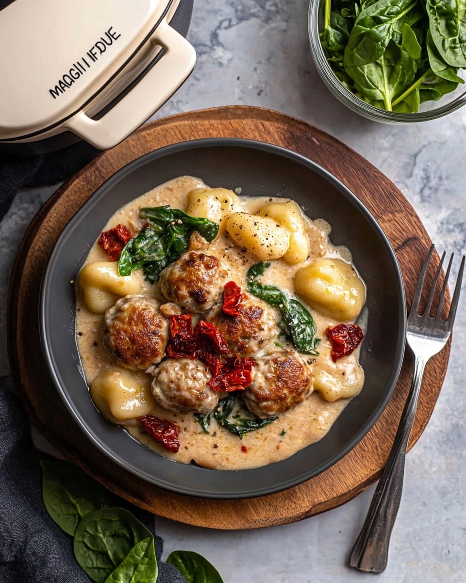 A dark gray plate shows a creamy dish with three main layers: at the bottom is a thick light beige sauce, on top of that are soft yellow potato gnocchi spread across the plate, and around five browned meatballs placed near the center, some covered with wilted dark green spinach leaves. There are also small bits of red sun-dried tomatoes scattered around the meatballs. A silver fork rests on the right side of the plate. The plate sits on a wooden board with fresh spinach leaves scattered around it. Nearby, there is a small white bowl filled with red sun-dried tomatoes, and a clear glass bowl with fresh spinach leaves sits on the right side. Part of a cream-colored cooking pot with the word MAGNIFIQUE embossed on the lid is visible at the top. The whole scene is set on a white marbled surface. Photo taken with an iphone --ar 4:5 --v 6.1