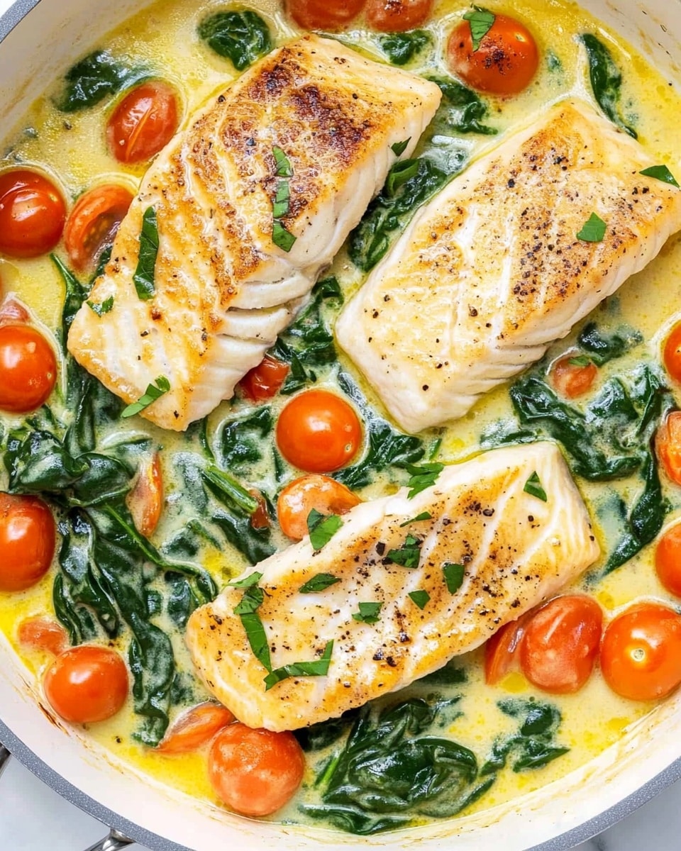 This close-up image shows a creamy dish with four light pink cooked salmon fillets laid side by side in a white pan. The salmon pieces have a slight brown grilled texture on top. They sit in a light yellow sauce mixed with bright green spinach leaves and halved orange cherry tomatoes. Fresh chopped green herbs are sprinkled over the salmon and sauce. A black fork holds a small piece of salmon in the lower right corner. The dish is on a white marbled surface. photo taken with an iphone --ar 4:5 --v 6.1