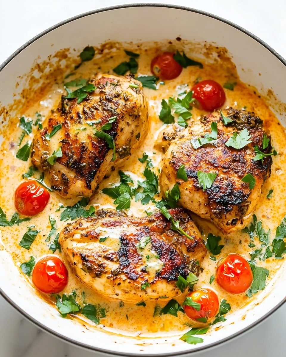 A gray pan holds three browned chicken pieces, each with a crispy, seasoned outer layer. They sit in a creamy, light orange sauce that looks thick and rich. Scattered around and under the chicken are bright red halved cherry tomatoes and fresh dark green spinach leaves. There are also small green herb pieces sprinkled on top, adding texture and color. The sauce covers parts of the chicken and vegetables, giving a smooth and slightly shiny look. The setup rests on a white marbled surface. photo taken with an iphone --ar 4:5 --v 6.1
