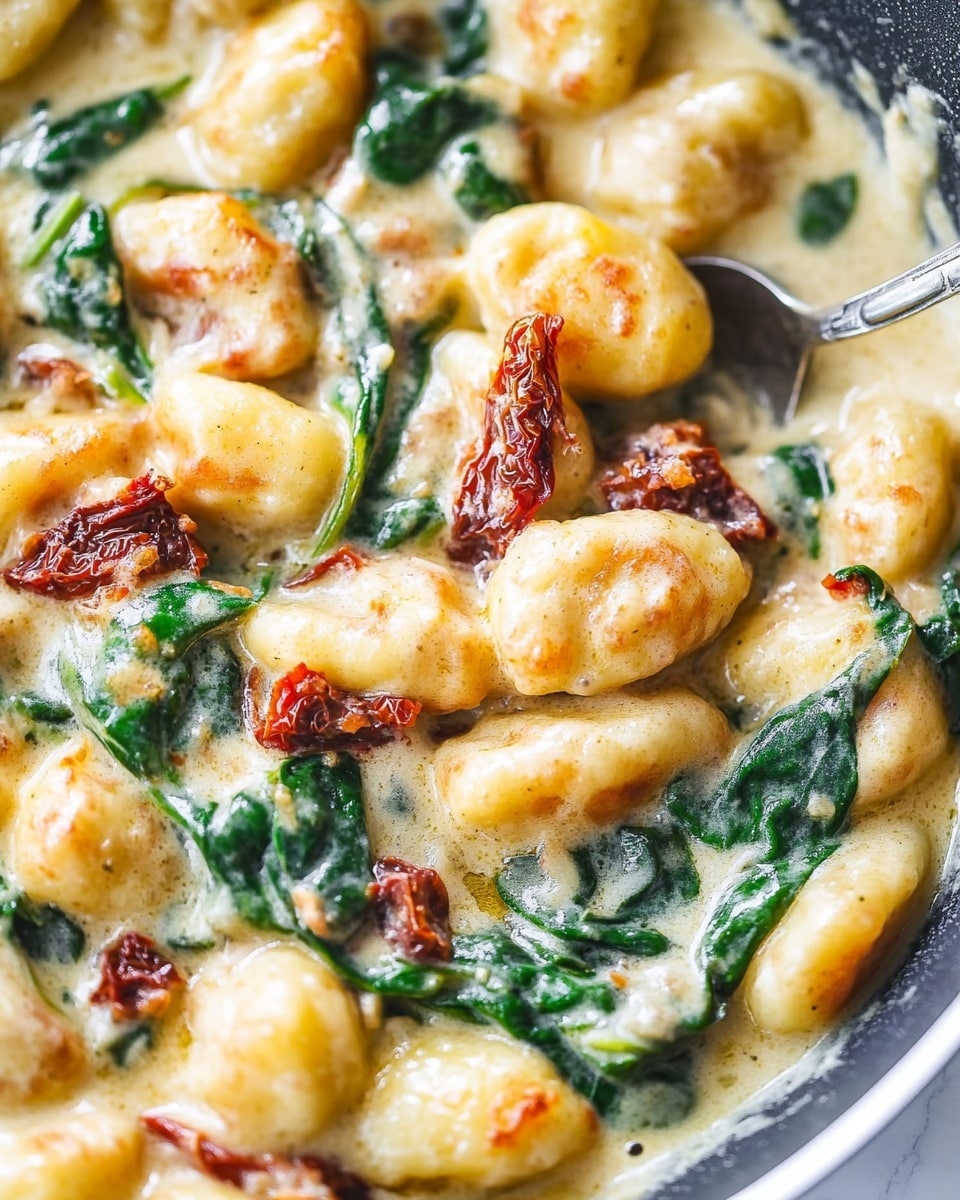 A white bowl holds a creamy gnocchi dish with about three distinct layers: small soft gnocchi pieces coated in a light orange creamy sauce, bright green spinach leaves mixed throughout, and deep red sun-dried tomato strips scattered on top. The sauce is rich and smooth, covering every gnocchi piece, with finely grated white cheese sprinkled lightly over everything. A single fresh basil leaf sits at the edge for garnish. A vintage silver fork rests inside the bowl. The bowl is placed on a white marbled surface with small bowls containing fresh chopped basil and sun-dried tomatoes nearby. A dark pan with the same creamy gnocchi dish is seen above, and fresh green basil leaves peek at the bottom left corner. A soft pink cloth is on the right side. Photo taken with an iphone --ar 4:5 --v 6.1