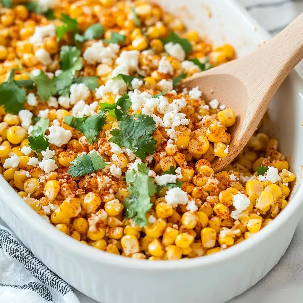 Mexican Street Corn, Mexican Street Corn Recipe, How to Make Mexican Street Corn, Best Mexican Street Corn, Mexican Corn On The Cob A close-up of a white oval dish filled with bright yellow corn mixed with a light coating of reddish seasoning, topped with small white crumbles of cheese and scattered green cilantro leaves. A light brown wooden spoon is scooping up the mixture from the right side, showing the texture of tender corn kernels. The dish sits on a white marbled surface with a white cloth that has thin black stripes underneath it.