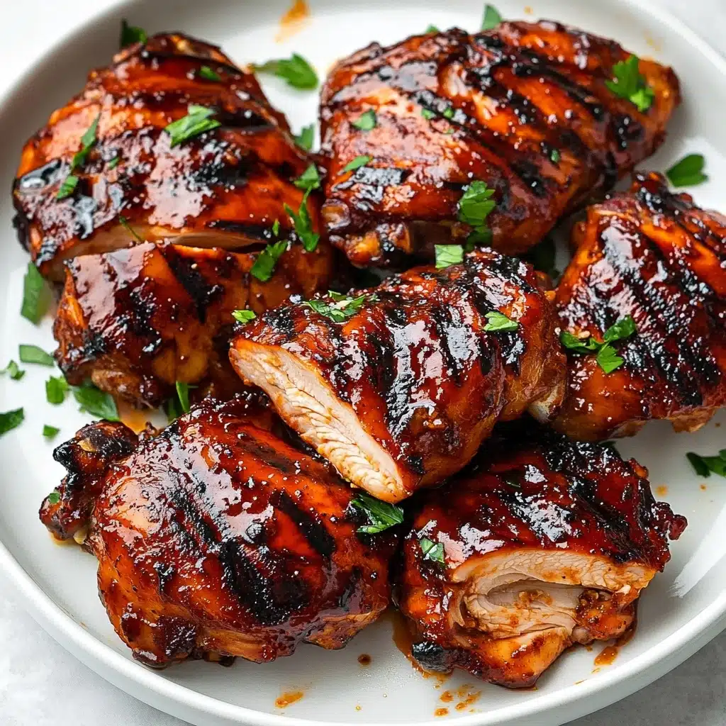 Caramelized BBQ Chicken Thighs, Oven BBQ Chicken, Juicy BBQ Chicken, Easy Chicken Dinner, Homemade BBQ Chicken A white plate holds several pieces of grilled chicken thighs coated in a shiny, dark reddish-brown sauce with slight charring on the edges, creating a textured look. One thigh is sliced into thick, juicy layers showing a tender, light inside with a rich sauce coating each piece. The chicken is sprinkled with small pieces of fresh green herbs, adding a pop of color. The background is a white marbled surface.