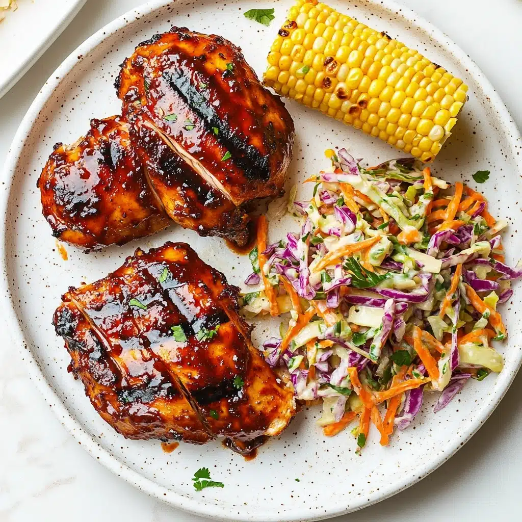 Caramelized BBQ Chicken Thighs, Oven BBQ Chicken, Juicy BBQ Chicken, Easy Chicken Dinner, Homemade BBQ Chicken A white speckled plate is arranged with three main layers: at the top left, two grilled chicken thighs with a shiny reddish-brown sauce and small green herb sprinkles. Below the thighs, several sliced pieces of the same chicken show a tender white inside with browned edges. On the right side, a small pile of colorful coleslaw made of shredded purple cabbage, green cabbage, orange carrots, and purple onion slices coated in a light creamy dressing. At the top right corner of the plate is a half piece of yellow corn on the cob with some white kernels. The plate sits on a white marbled surface.
