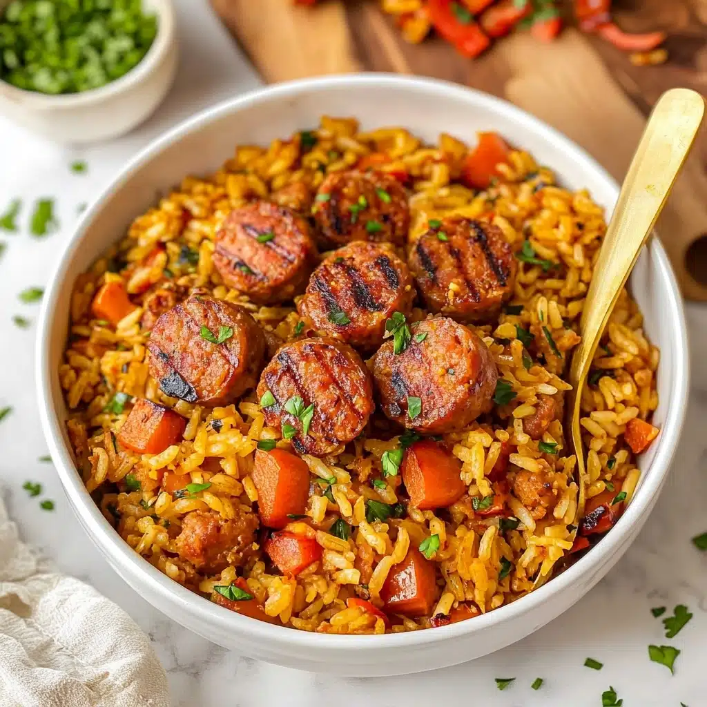 Cajun Dirty Rice with Smoked Sausage, Cajun dirty rice, spicy sausage rice, Louisiana style dirty rice, flavorful Cajun rice dish A white bowl filled with two main layers: the bottom layer is golden-yellow cooked rice mixed with small pieces of orange-red bell pepper and green herbs, giving it a slightly mixed texture, while the top layer consists of round, browned sausage slices arranged evenly across the rice, some showing a grilled, slightly crisp surface. There are small green chopped herbs sprinkled over the entire dish. A gold spoon is placed inside the bowl, resting on the right side. The bowl sits on a white marbled surface with a wooden board partially visible behind it, and small bowls of chopped red bell pepper and green seasoning are also in the background.