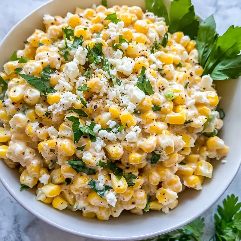 Easy Street Corn, grilled corn side dish, creamy smoky corn, summer corn recipe, flavorful grilled corn The image shows a close-up of a creamy corn salad served in a white bowl with a white marbled texture background. The dish has one main layer made of small yellow corn kernels mixed with a creamy dressing, with small bits of green herbs scattered throughout. There are crumbly white cheese pieces sprinkled on top, along with a few fresh green herb leaves placed around the edge of the bowl. The textures in the dish are creamy and slightly chunky from the corn and cheese. The