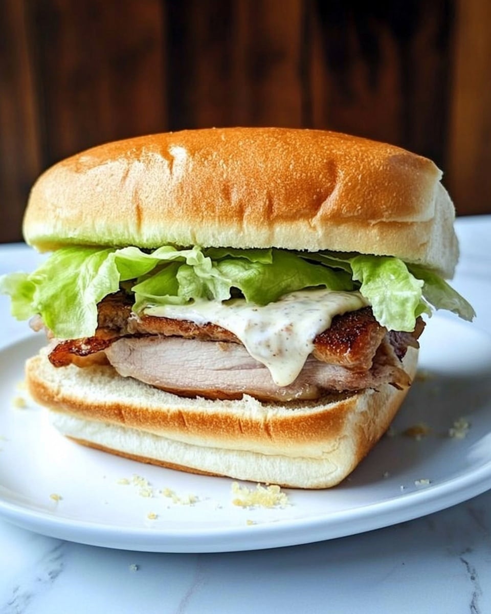 Caesar Pork Tenderloin Sandwiches, pork tenderloin sandwich recipe, easy pork sandwiches, casual lunch recipes, flavorful sandwich ideas The image shows a sandwich on a white plate placed on a white marbled surface with a dark wood background. The sandwich has a soft, lightly browned square bun on top. Inside, there are two layers of light brown slices of cooked meat, with a layer of fresh green lettuce leaves above the meat. White creamy sauce is drizzled over the lettuce, dripping slightly down the sides. The bottom bun is thick, white, and soft, supporting the filling. There are small crumbs scattered on the plate around the sandwich.
