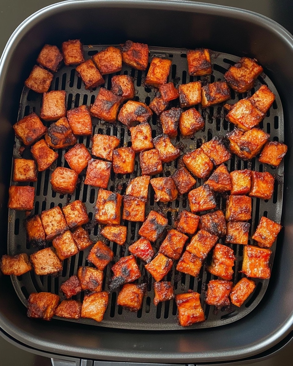 Air Fryer Cinnamon-Glazed Apples, healthy apple snacks, easy fall desserts, quick air fryer recipes, cinnamon caramel apples Small cubes of cooked food, mainly brown with some red pieces, are evenly spread inside a square black air fryer basket with a grill pattern at the base. The cubes look crispy and lightly browned, showing different shades of reddish brown and tan, giving a roasted appearance. The air fryer basket is placed on a dark surface contrasting with the food inside. The texture of the cubes varies from smooth to slightly rough with visible browned edges.