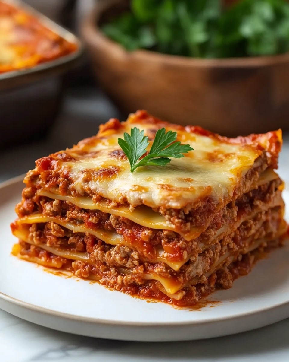 The Godfather Sicilian Lasagna, Sicilian lasagna recipe, authentic Sicilian lasagna, flavorful lasagna with ricotta, Italian lasagna traditions A square piece of lasagna sits on a white plate with four visible layers of golden-brown baked cheese on top, alternating with three layers of thick red meat sauce and pasta sheets. The texture of the meat sauce looks rich and chunky, while the cheese layer is slightly browned and bubbly. A small green parsley leaf is placed on top for garnish. In the background, there is a blurred wooden bowl filled with green leaves and a baking dish with more lasagna. The setting has a white marbled surface.