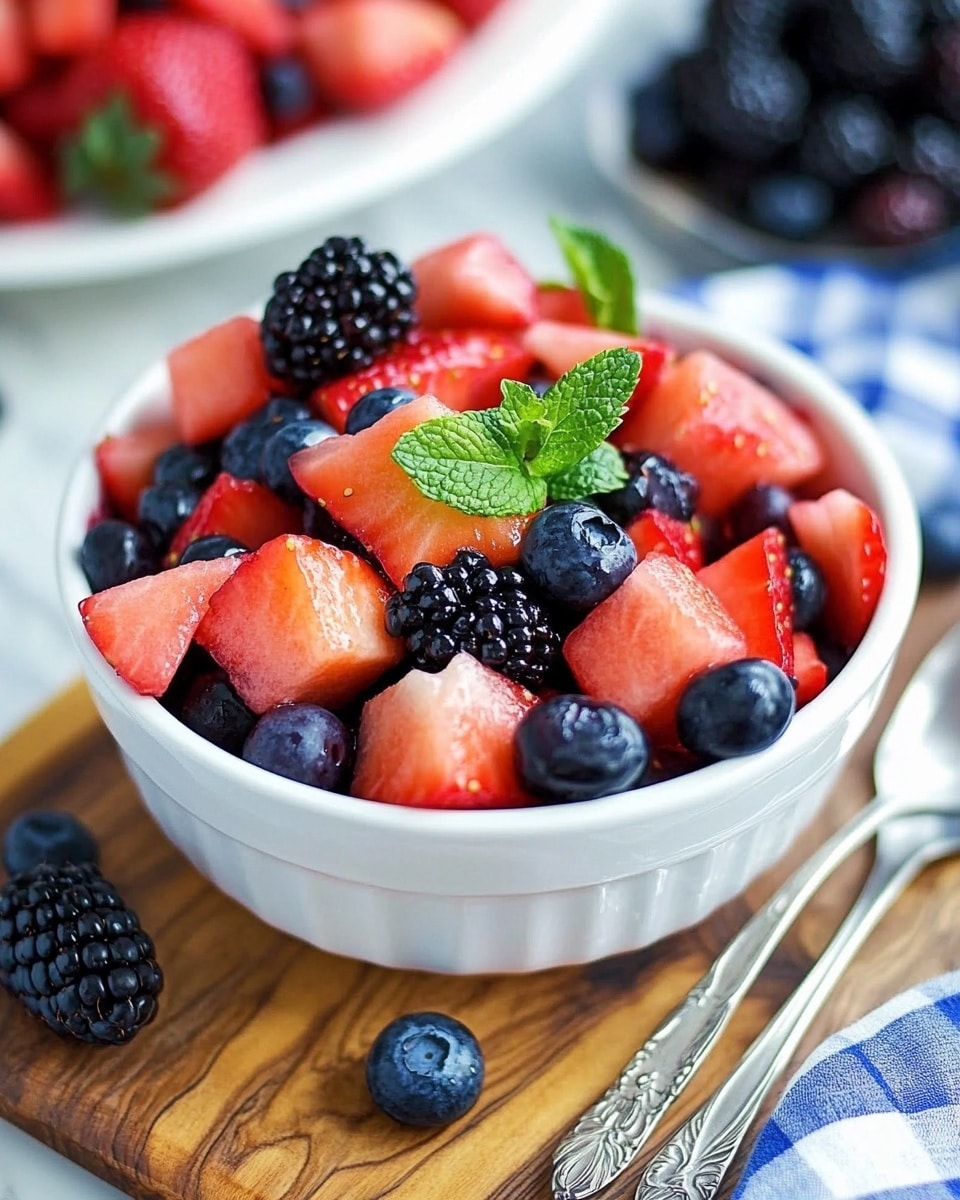 Berry Watermelon Salad with Honey Lime Dressing, fruity summer fruit salad, healthy watermelon berry salad, vegan berry watermelon salad, quick fruit salad recipe A small white bowl filled with fresh fruit salad sits on a wooden board over a white marbled surface. The fruit salad has three layers of mixed colorful fruits: bright red strawberry slices, deep blue blueberries, juicy red watermelon chunks, and dark blackberries, all mixed together. There are small green mint leaves sprinkled on top, adding a touch of freshness. Around the bowl, there are loose blueberries, blackberries, and a single large strawberry. A silver fork and a silver spoon with detailed handles rest nearby on a blue and white checkered cloth. In the background, there is a blurred plate full of similar fruit.