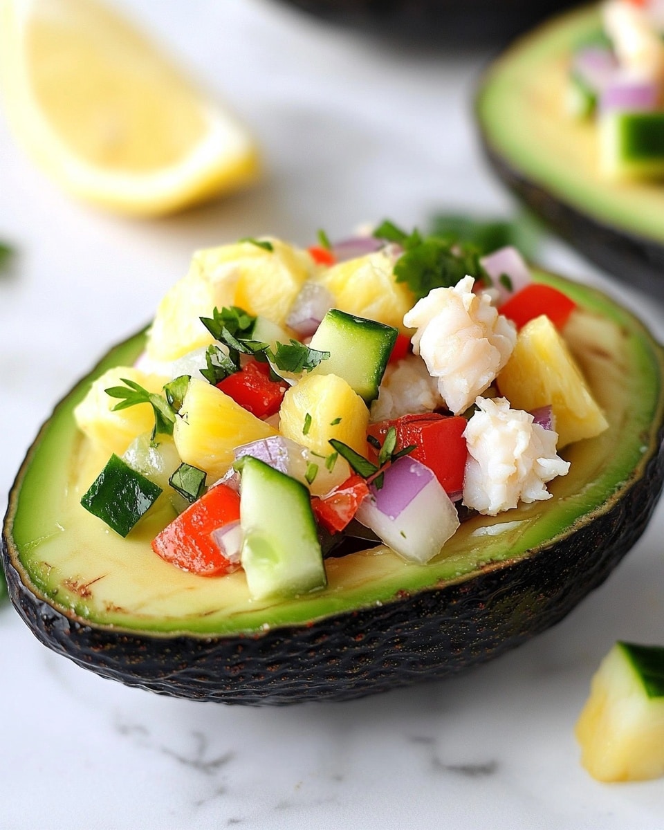 Crab Salad Stuffed Avocado, crab avocado appetizer, summer seafood appetizer, easy crab avocado recipe, quick seafood salad The image shows a close-up of three avocado halves filled with a colorful mix of chopped crab meat, diced red bell peppers, cucumbers, and fresh green herbs. Each avocado half has a smooth, light green inner flesh with the dark, rough avocado skin forming the outer layer. The filling sits on top of the avocado smoothly, creating a layered look with white crab pieces, bright red peppers, pale green cucumbers, and vibrant herb leaves. There are two lemon wedges placed next to the avocados on a white plate, set on a white marbled surface with some scattered green herb leaves for decoration.