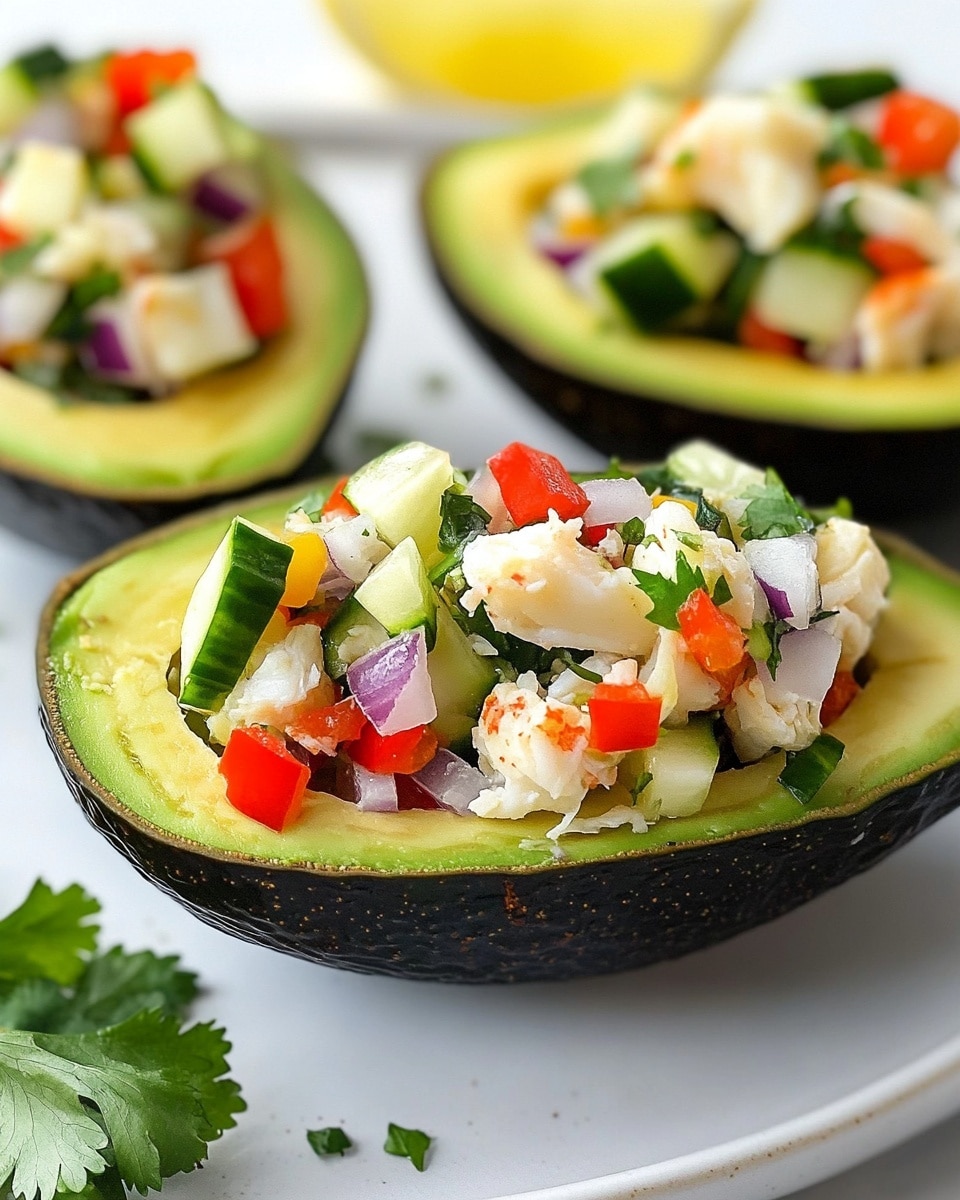 Crab Salad Stuffed Avocado, crab avocado appetizer, summer seafood appetizer, easy crab avocado recipe, quick seafood salad The image shows three avocado halves filled with a colorful mixture of chopped vegetables and crab meat. Each avocado half has a dark green outer skin with light green creamy flesh inside, and it is filled with a mix of red bell peppers, green cucumbers, white crab meat, and bits of purple onion, garnished with small pieces of fresh cilantro. The avocados are placed on a white plate with a few lemon wedges behind them. A fresh green cilantro leaf lies on the white marbled surface in the foreground, giving a fresh, vibrant look to the dish. The