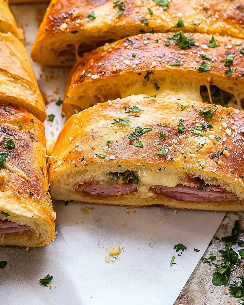 The image shows several slices of a golden-brown stuffed bread with a slightly crispy crust sprinkled with green herbs and a light dusting of grated cheese. Inside, there are layers of melted light yellow cheese stretching between slices, a layer of pink cured meat, and a layer of cooked light brown meat. The bread has a soft texture inside with visible air pockets. The background is a white marbled texture. Photo taken with an iphone --ar 4:5 --v 6.1