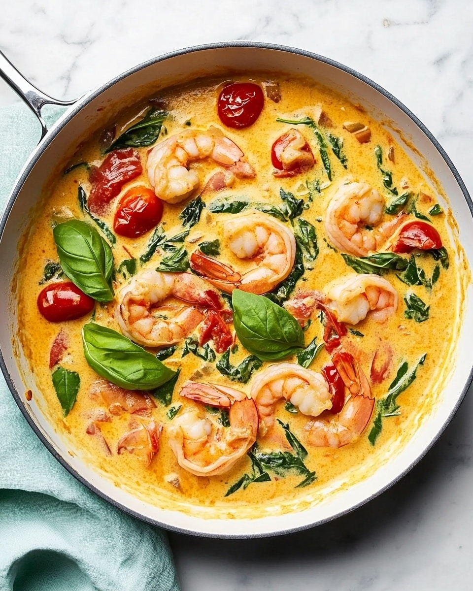A white pan filled with a creamy orange-yellow sauce covering several pink shrimp scattered evenly throughout. Small red cherry tomatoes and deep green spinach pieces are mixed in the sauce, adding bright pops of color. Fresh green basil leaves are placed on top as garnish. The pan rests on a light blue cloth, all set against a white marbled surface. photo taken with an iphone --ar 4:5 --v 6.1