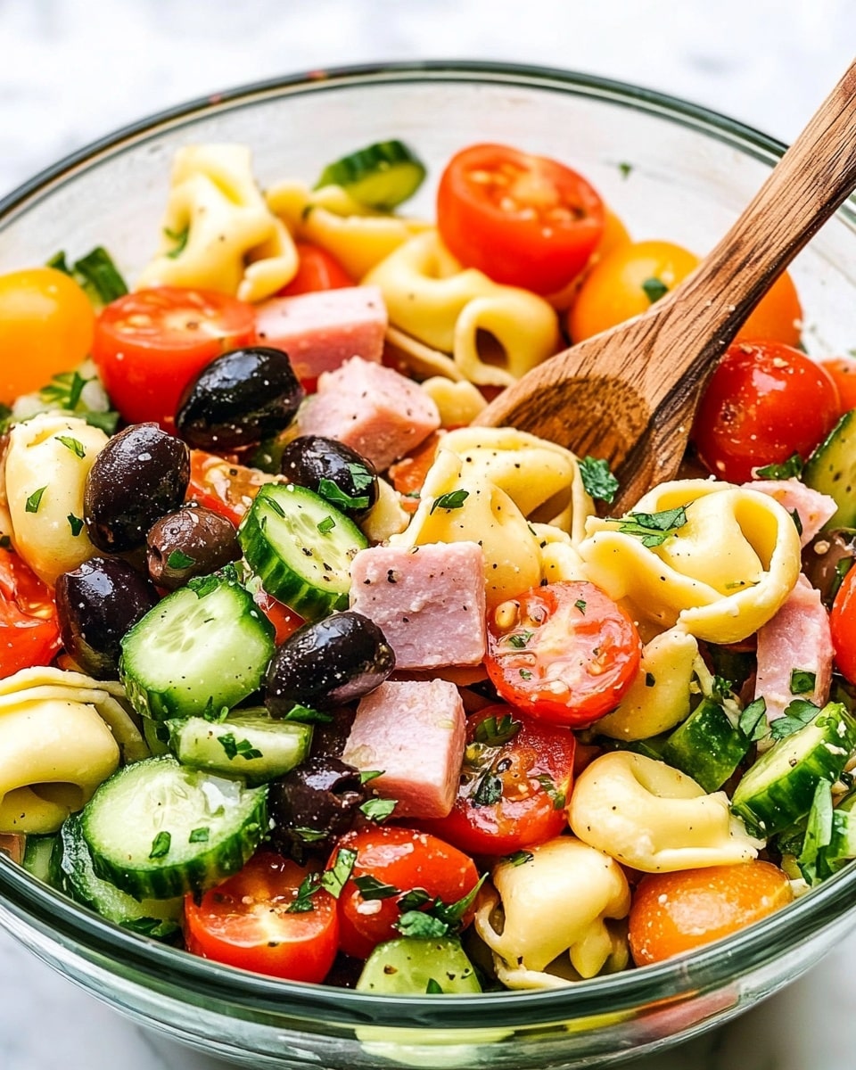 A clear bowl filled with a colorful pasta salad showing three main layers: the bottom layer has light yellow tortellini pasta, chopped green cucumber pieces with a slightly shiny texture, and small chunks of light pink ham. The middle layer includes bright red halved cherry tomatoes, black sliced olives, and white small mozzarella balls. The top layer is sprinkled with fresh small green parsley leaves and diced orange bell peppers. A rustic wooden spoon is placed in the bowl on the right side, partially dipped into the salad. The background is a white marbled surface. photo taken with an iphone --ar 4:5 --v 6.1