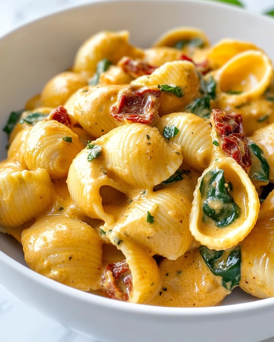 The image shows a creamy pasta dish with shell-shaped pasta in a thick, light yellow sauce. Mixed in are dark green spinach leaves and pieces of sun-dried tomatoes that add red and brown tones. The pasta shells are coated evenly with the sauce, and small green herb sprinkles are scattered throughout. The texture looks smooth and rich, with the spinach leaves soft and the sun-dried tomatoes slightly wrinkled. The whole dish is presented on a white marbled surface. photo taken with an iphone --ar 4:5 --v 6.1