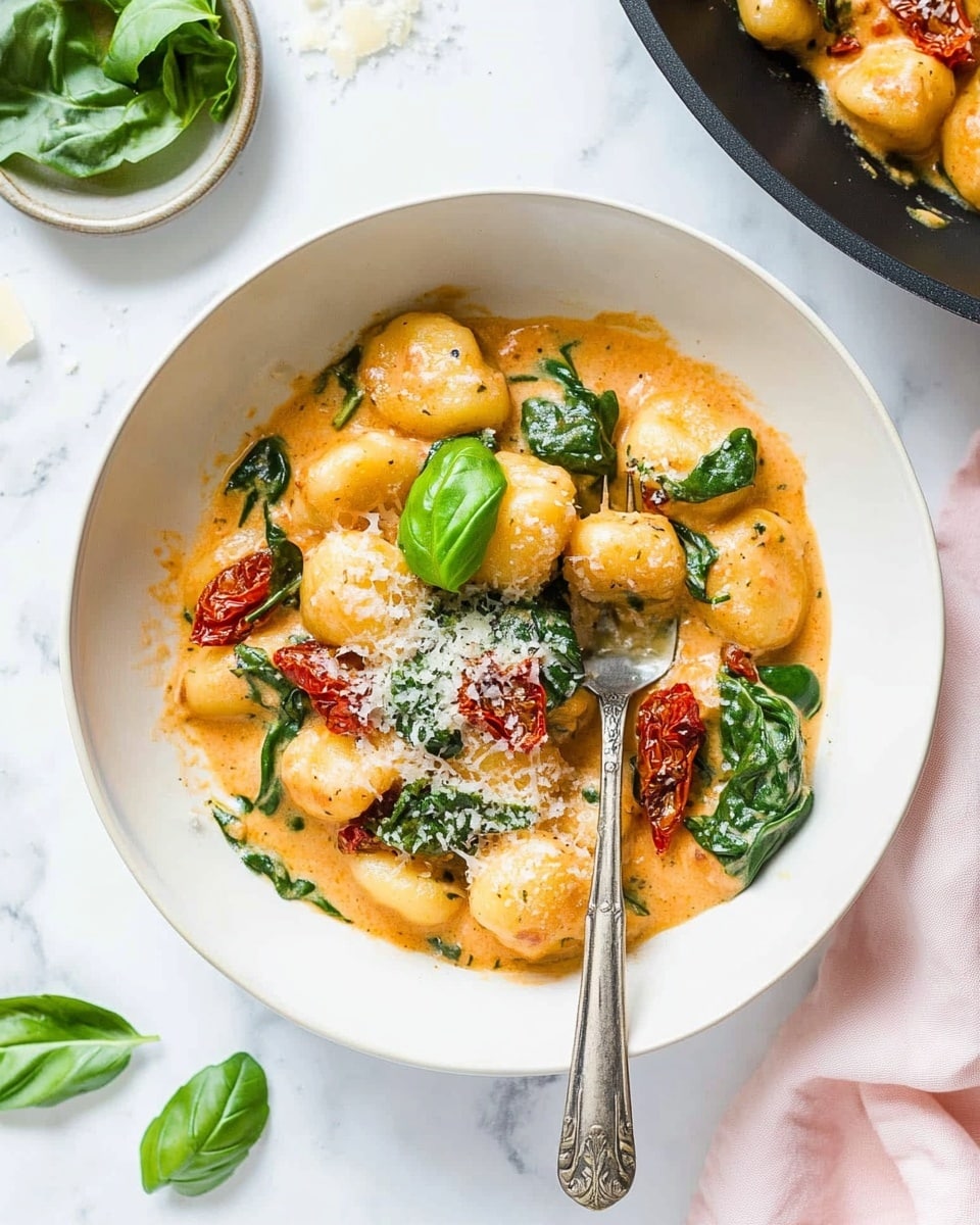 This close-up shows a creamy gnocchi dish with around three visible layers: golden soft gnocchi pieces, bright green wilted spinach leaves, and dark red sun-dried tomato strips mixed in a thick, smooth, pale yellow sauce with a slightly glossy texture. The sauce clings well to the gnocchi and greens, giving a rich and cheesy feeling. The dish is in a pan on a white marbled background, and a metal spoon is slightly reaching into the food from the right side. photo taken with an iphone --ar 4:5 --v 6.1