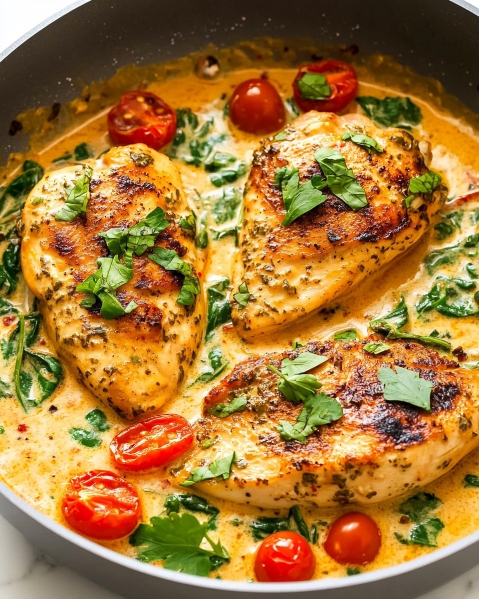 The image shows a round white pan filled with three browned, grilled chicken pieces resting in a creamy, light orange sauce. The sauce contains fresh green herbs and bright red cherry tomato halves scattered evenly throughout. The chicken has a textured, spiced surface with a slight char and some areas have a drizzle of the creamy sauce on top. The background is a white marbled surface. Photo taken with an iphone --ar 4:5 --v 6.1