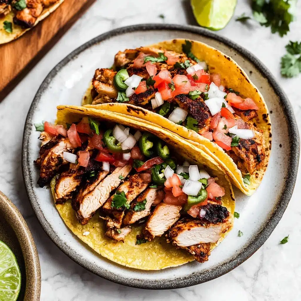 Grilled Chicken Street Tacos, Mexican street tacos, grilled chicken tacos, easy taco recipes, authentic taco ideas Three soft yellow corn tortillas filled with layers of grilled sliced chicken that is dark brown and white inside, topped with a mix of finely chopped red tomatoes, white onions, and green jalapeños and cilantro, all placed closely on a round white plate sitting on a white marbled surface. To the left, part of a wooden board holds more grilled chicken slices, and a small lime wedge is visible on the right side of the plate.