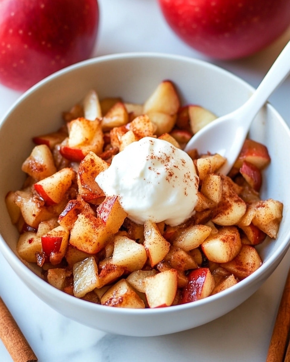 Air Fryer Cinnamon-Glazed Apples, healthy apple snacks, easy fall desserts, quick air fryer recipes, cinnamon caramel apples A white bowl filled with small, cooked apple pieces that are lightly browned and mixed with hints of red skin, showing a warm, textured mix of soft and slightly crispy bits. On top, there is a smooth, round scoop of white cream or yogurt resting in the center. A white spoon leans inside the bowl on the right side. The bowl sits on a white marbled surface with red apples and cinnamon sticks placed around it for decoration.