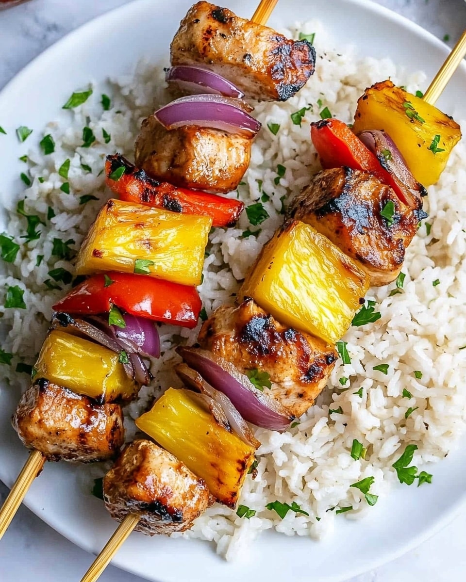 Pineapple Chicken Kabobs, grilled chicken kabobs with pineapple, easy fruit and chicken skewers, savory grilled chicken and pineapple, summer BBQ chicken kabobs The image shows two metal skewers with grilled chunks of chicken, red bell peppers, yellow pineapple pieces, green bell peppers, and purple onion segments. The skewers rest on a bed of cooked rice mixed with small herbs, all served on a white plate. The chicken looks juicy and glazed with a shiny brown sauce, while the vegetables display a slightly charred texture with vibrant colors. The plate is placed on a white marbled surface, with another similar plate blurred in the background.