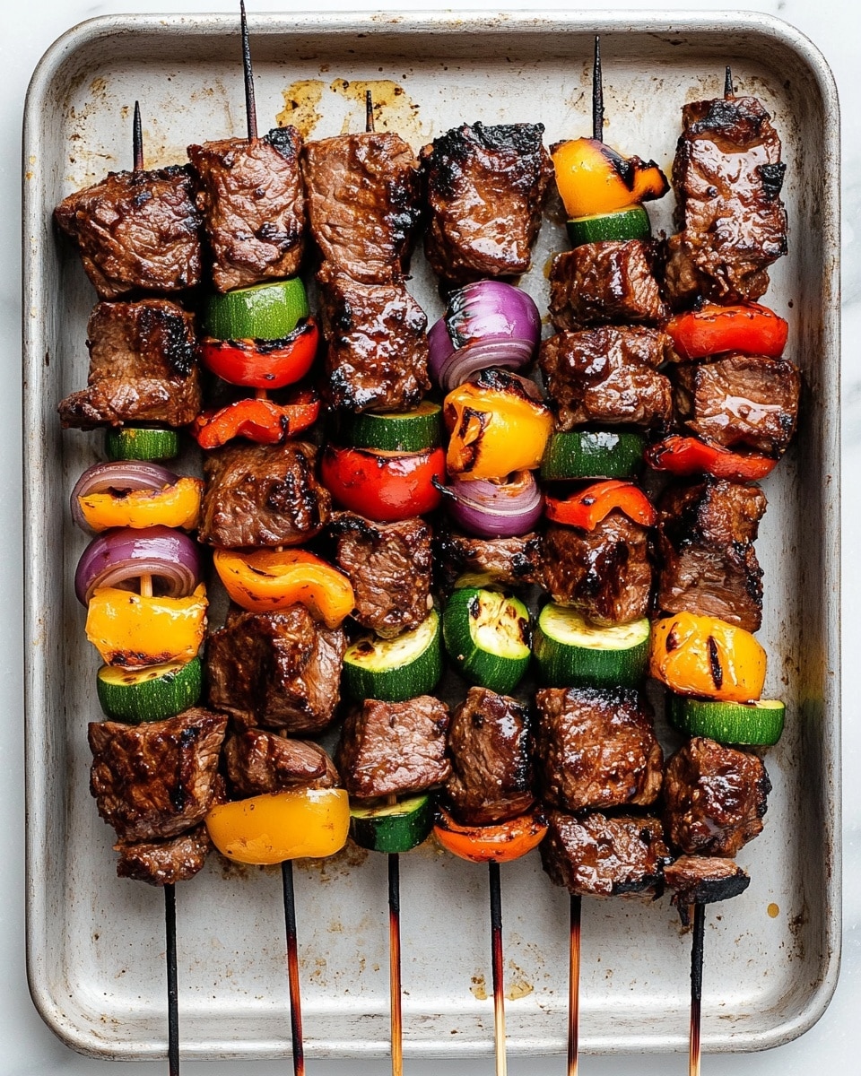 Grilled Steak Kabobs with Vegetables, Steak Kabobs Marinade, Summer Grill Recipes, Easy Steak Skewers, Healthy Steak Dinner Five skewers lie side by side on a metal tray with a slightly worn surface. Each skewer has four layers of thick, grilled dark brown beef pieces that have a slightly rough texture. Between the beef layers, there are slices of colorful vegetables: bright yellow and red bell peppers, dark green zucchini rounds, and purple onion wedges with a slightly charred look. The colors of the vegetables pop against the beef's deep brown. The metal tray and the skewers are placed on a white marbled surface.