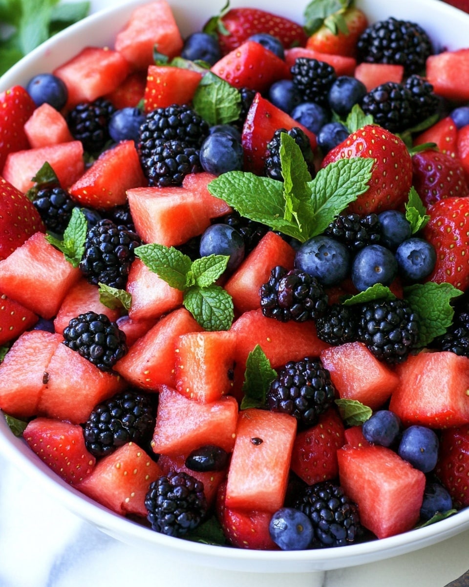 Berry Watermelon Salad with Honey Lime Dressing, fruity summer fruit salad, healthy watermelon berry salad, vegan berry watermelon salad, quick fruit salad recipe A white round plate filled with a colorful fruit salad showing three visible layers: the bottom layer is bright red watermelon cubes, the middle layer has dark purple blackberries, and the top layer features blue blueberries and sliced red strawberries, all mixed with small pieces of green mint leaves scattered evenly on top. Around the plate, there are two lime wedges and a small glass bowl of green dressing placed on a white marbled surface with a blue cloth near it. A large slice of watermelon and partial watermelon rind are visible in the background.