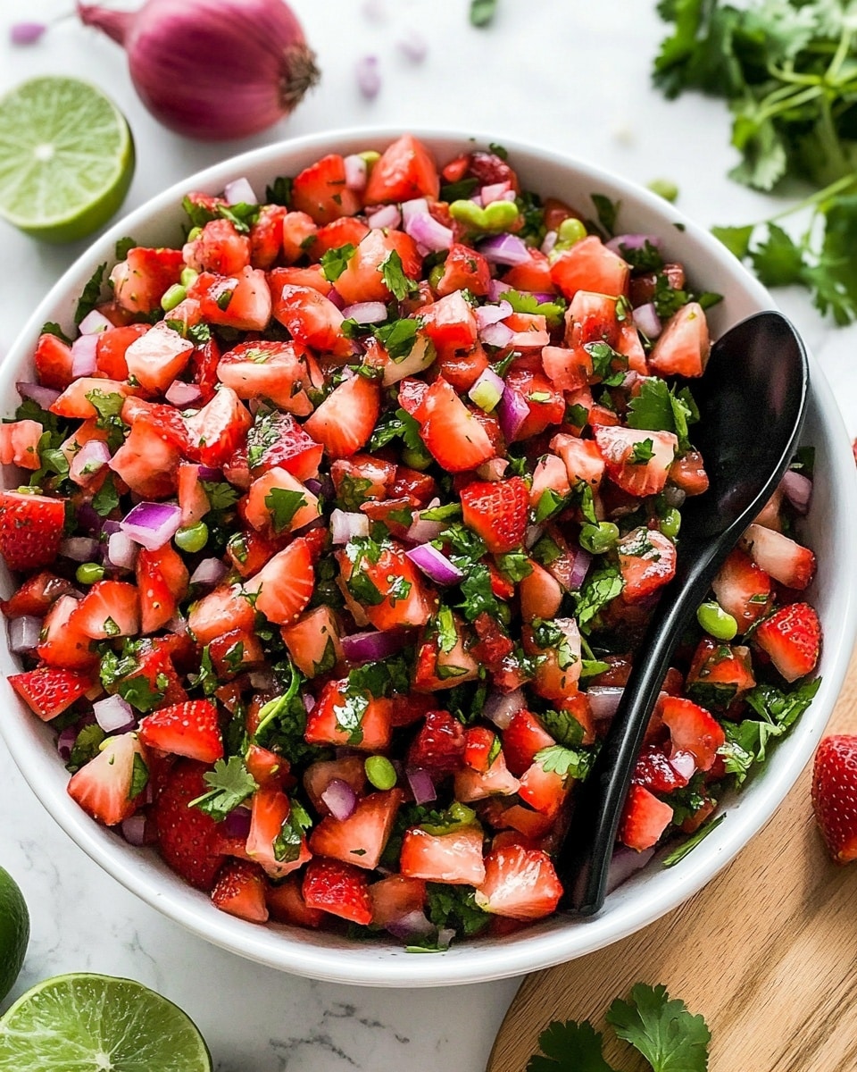 Strawberry Salsa, easy strawberry salsa, fresh fruit salsa, summer salsa recipe, fruit salsa ideas A white bowl filled with a colorful strawberry salsa made of small red and light pink diced strawberries, finely chopped purple onions, small green jalapeño pieces, and flecks of cilantro spread all over. Four yellow tortilla chips are partially placed inside the bowl, blending with the salsa. The bowl sits on a wooden board with a white marbled texture background, and whole strawberries and a few tortilla chips are scattered around.