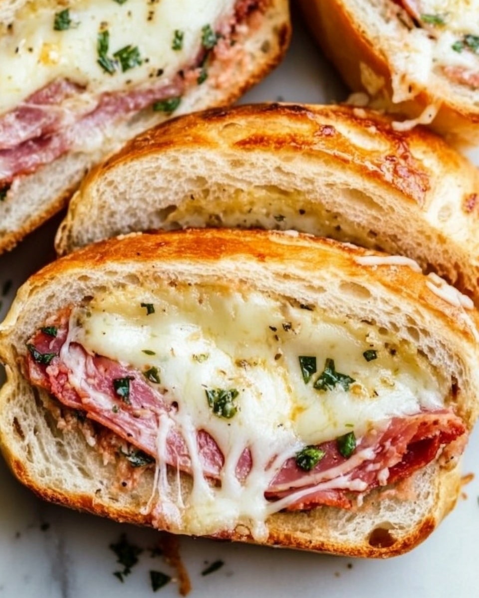 The image shows three slices of a stuffed bread roll laid side by side on a white marbled surface. Each slice has a golden brown crust with a soft, light yellow inside. Inside the bread layers are thin slices of red deli meat, melted white cheese stretching slightly between layers, and bits of green herbs scattered throughout. The melted cheese looks creamy and stringy, giving a fresh and savory feel. Photo taken with an iphone --ar 4:5 --v 6.1