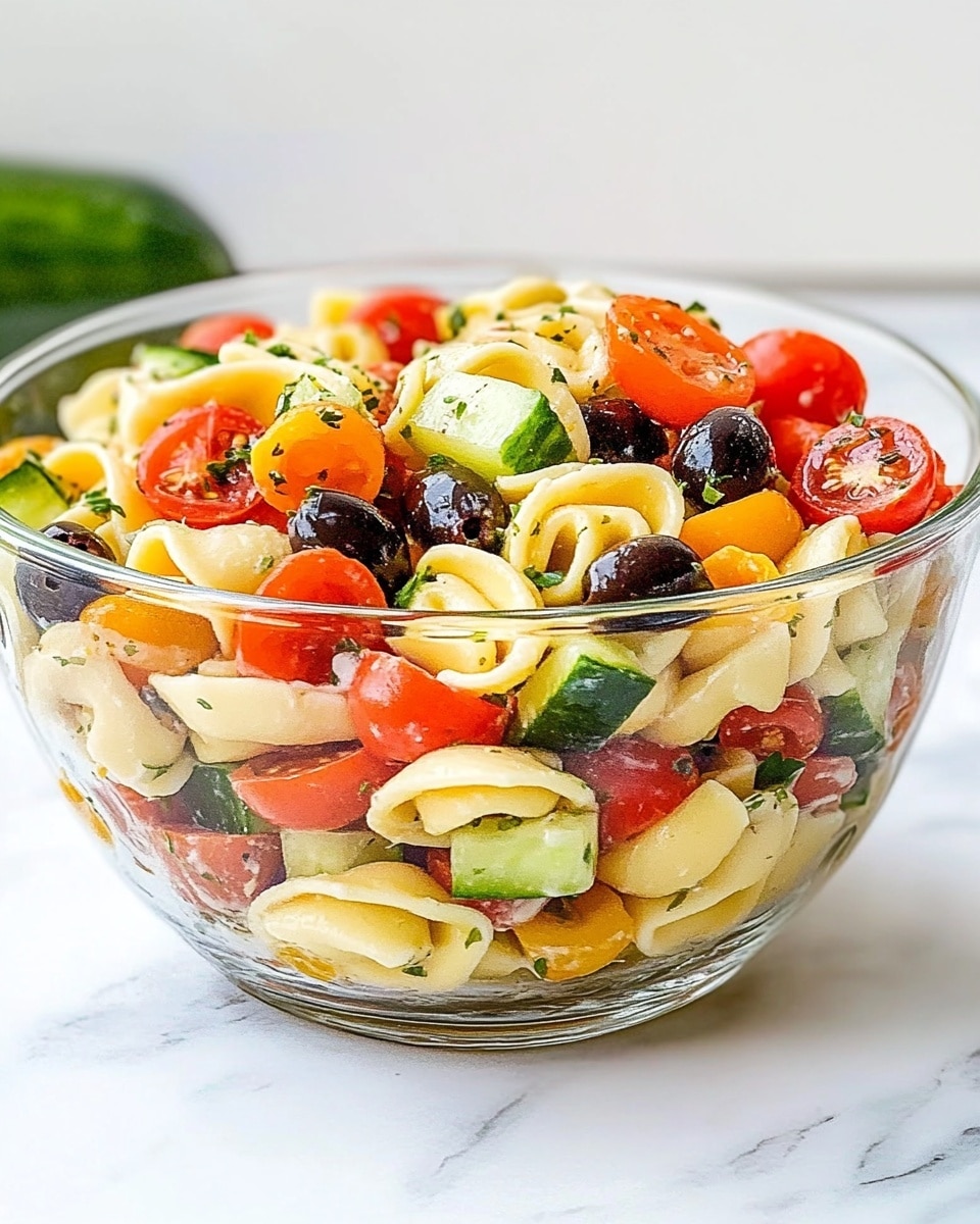 A clear glass bowl filled with a colorful pasta salad made of three layers. The bottom layer is light yellow tortellini pasta with a smooth texture, mixed with small red cherry tomato pieces and chopped orange carrots. The middle layer consists of sliced black olives and green cucumber cubes, adding both dark and light green shades and a firm texture. The top layer is a mix of more cherry tomato halves, small bits of white cheese, and specks of chopped herbs, all sitting on a white marbled table with a soft blurred background. photo taken with an iphone --ar 4:5 --v 6.1
