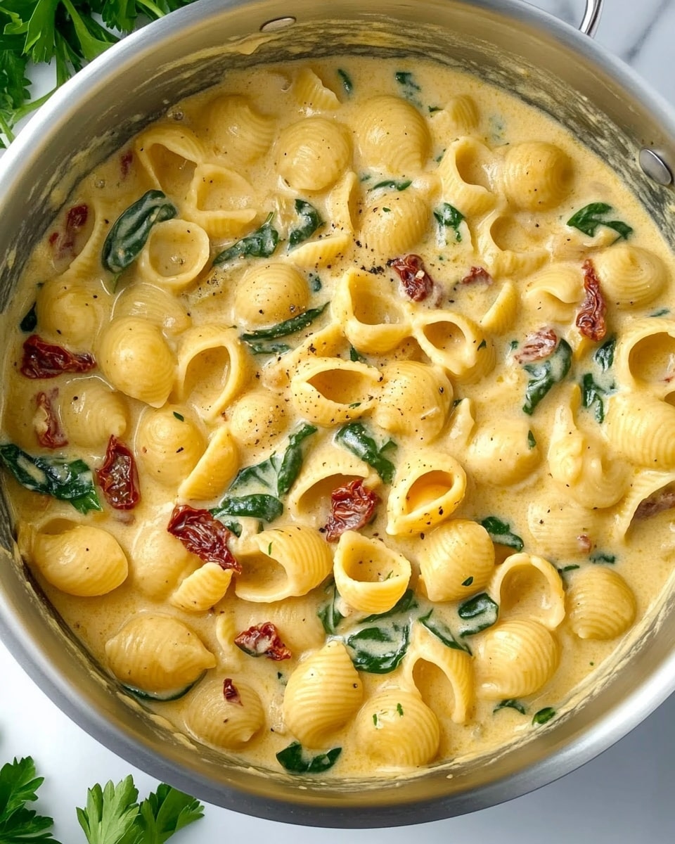 A white bowl filled with large shell pasta in a creamy orange-yellow sauce, mixed with green spinach leaves and small pieces of red sun-dried tomatoes. The sauce covers the pasta smoothly, giving a shiny texture, with small green herb bits sprinkled over. The background shows a white marbled texture. photo taken with an iphone --ar 4:5 --v 6.1