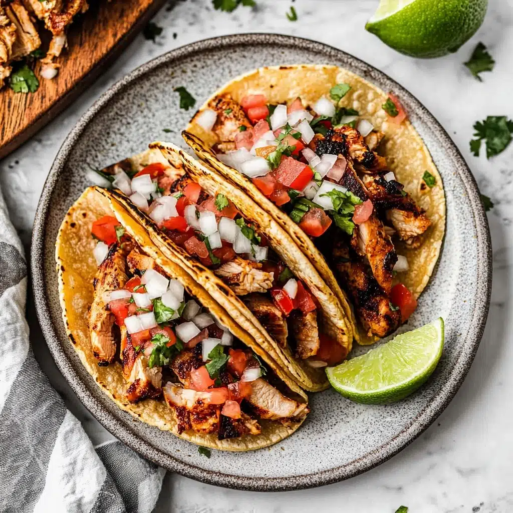 Grilled Chicken Street Tacos, Mexican street tacos, grilled chicken tacos, easy taco recipes, authentic taco ideas Three tacos are placed on a round white plate with a gray tone, each filled with layers of grilled chicken pieces that have a crispy, charred texture and a reddish-brown color. On top of the chicken, there is a fresh mix of finely chopped white onions, red tomatoes, and green herbs adding a vibrant touch. The tacos are made with two slightly toasted yellow corn tortillas, folded to hold the fillings. Next to the tacos on the plate, there are two lime wedges showing a light green color. The plate sits on a white marbled surface with a striped gray and white cloth nearby, and part of a wooden board with more chicken pieces is seen near the top left.
