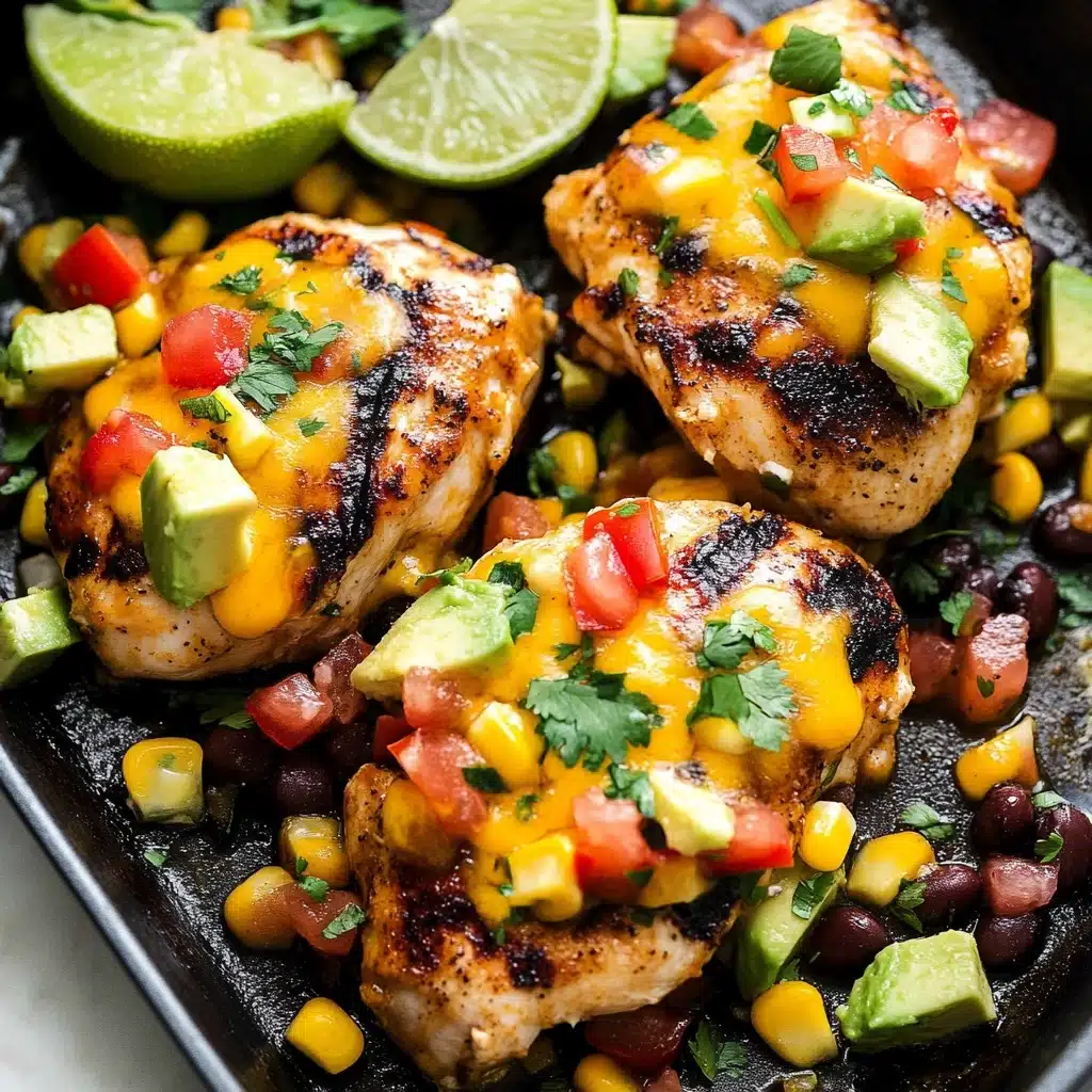 Santa Fe Chicken with Fresh Avocado Salsa, Santa Fe Chicken, Chicken with Avocado Salsa, Quick Chicken Recipes, Healthy Mexican Chicken The image shows pieces of cooked chicken with a browned and slightly crispy outside, each topped with melted orange cheddar cheese. On top of the cheese, there is a colorful mix of diced red tomatoes, green avocado, yellow corn, and black beans. The chicken is inside a white pan with a white marbled surface below, and green lime wedges are also visible at the edge. The focus is sharp on the chicken and toppings, showing clear textures and colors.