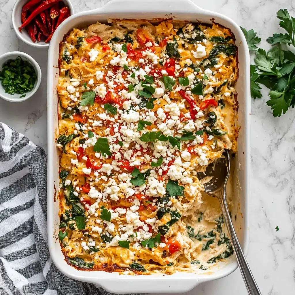 Greek Chicken Orzo Casserole, Greek chicken casserole, easy chicken orzo bake, Mediterranean chicken casserole, healthy Greek chicken dish This image shows a white rectangular baking dish filled with a layered casserole. The bottom layer looks creamy with shredded light beige chicken mixed with orzo pasta. On top, there are scattered small chunks of bright red roasted tomatoes and some chopped green herbs mixed throughout. Crumbled white cheese is spread over the top, along with more sprinkle of finely chopped herbs. A silver spoon is partially dipped into the dish resting on the edge. The dish sits on a white marbled surface, with a small white bowl filled with red roasted tomatoes beside the baking dish.