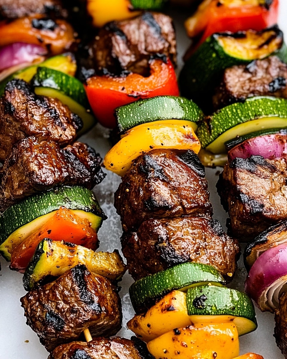 Grilled Steak Kabobs with Vegetables, Steak Kabobs Marinade, Summer Grill Recipes, Easy Steak Skewers, Healthy Steak Dinner The image shows several skewers loaded with grilled meat and vegetables layered closely together. Each skewer has dark brown grilled meat cubes with char marks, alternating with thick green zucchini slices, red and yellow bell pepper pieces, and purple onion chunks. The vegetables appear slightly charred and glossy, adding bright colors in between the rich brown meat. The skewers are arranged in a pile on a white marbled surface, highlighting the vibrant mix of colors and textures.