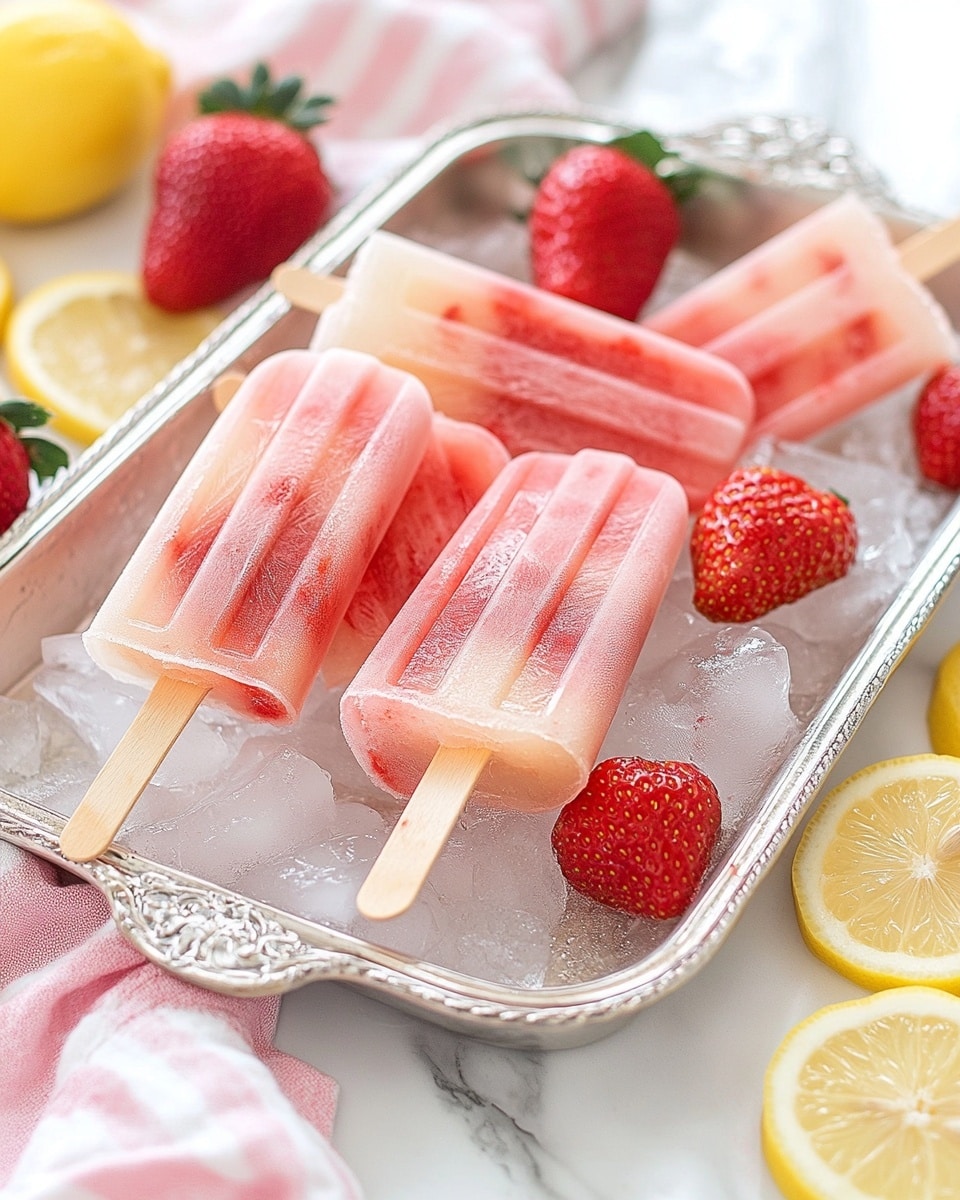 Strawberry Lemonade Popsicles, frozen summer treats, homemade popsicle recipes, easy fruit popsicles, refreshing cold desserts A silver tray sits on a white marbled surface, filled with clear ice cubes and five strawberry popsicles. Each popsicle is a pale pink color with small pieces of red strawberries visible inside, showing a slightly uneven, natural texture. The popsicles have wooden sticks that are light beige and smooth, sticking out from the bottom side. Around the tray, there are several bright red whole strawberries and a few thin lemon slices with a soft yellow color, some inside the tray mixed with the ice, and some resting outside on the white marbled surface. A pink and white striped cloth is placed nearby, adding a soft touch to the scene.