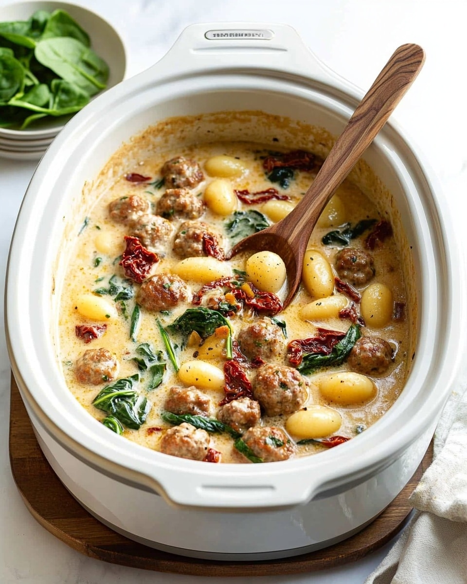 A white slow cooker filled with a creamy sauce base that is light yellow in color, dotted with small brown meatballs spread evenly through the top layer. Yellow gnocchi pieces are mixed in, along with vibrant green spinach leaves and strips of deep red sun-dried tomatoes, all floating in the sauce. A wooden spoon rests inside the cooker, partially submerged in the dish. The slow cooker sits on a white marbled surface, with a wooden board behind it holding a small clear bowl of grated cheese and another clear bowl with spinach leaves. To the left, there is a small white bowl with red sun-dried tomatoes and a stack of white plates with silver forks on the white marbled surface. Photo taken with an iphone --ar 4:5 --v 6.1
