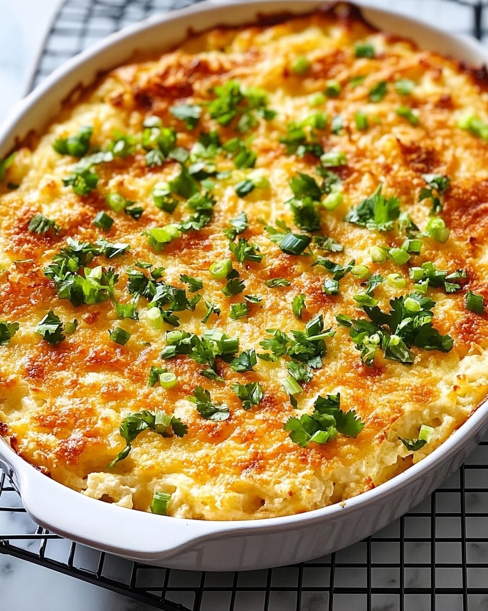 The image shows an oval white baking dish filled with a baked casserole. The bottom layer looks creamy and light yellow, covered with a crispy, golden brown top layer scattered unevenly. On top, there are many small pieces of bright green chopped herbs and sliced green onions spread all over, adding fresh green colors. The casserole sits on a black metal cooling rack, placed on a white marbled surface. Photo taken with an iphone --ar 4:5 --v 6.1