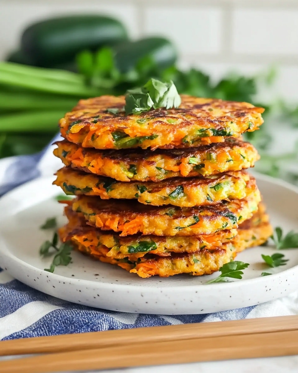 A stack of seven golden-brown vegetable fritters is placed on a white plate. Each fritter has visible pieces of green herbs and orange shreds, showing a crisp and slightly uneven texture. The fritters are neatly piled, with some fresh green parsley scattered around the plate. The plate sits on a blue and white striped cloth over a wooden surface, with blurred green vegetables in the background on a white marbled surface. A pair of wooden chopsticks lies in front of the plate. photo taken with an iphone --ar 4:5 --v 6.1