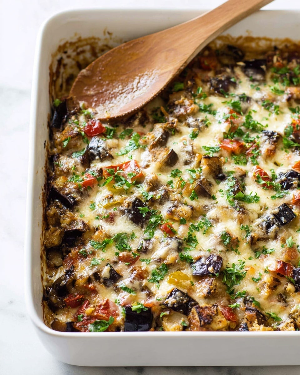 The dish is shown in a white square baking dish filled with a layered casserole. The bottom layer is green, likely cooked vegetables, topped with a creamy white sauce spread evenly. Over this, there are browned, melted cheese patches with some green herbs sprinkled all over the surface. A wooden spoon is placed inside, scooping some of the casserole, revealing soft and slightly crispy textures on top. The background surface is a white marbled texture. Photo taken with an iphone --ar 4:5 --v 7