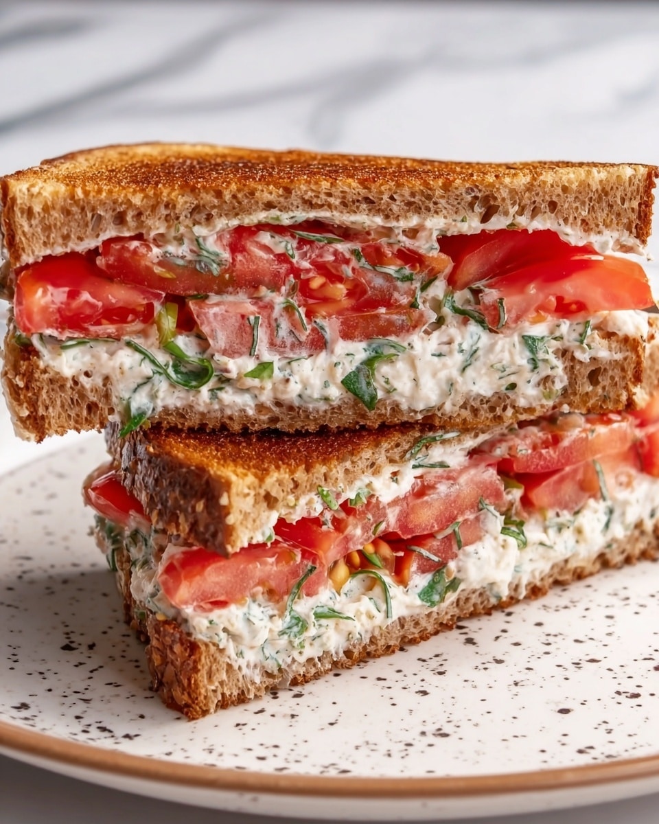 The image shows a sandwich with two layers of light brown toasted bread. Each layer is filled with a thick white cream mixed with green herbs and bright red chunks of tomato. The sandwich is cut into two triangular halves stacked on a white plate with a blue patterned design. The background is a white marbled surface, and there is a clear glass of water with blue bubbles on the right side. photo taken with an iphone --ar 4:5 --v 7