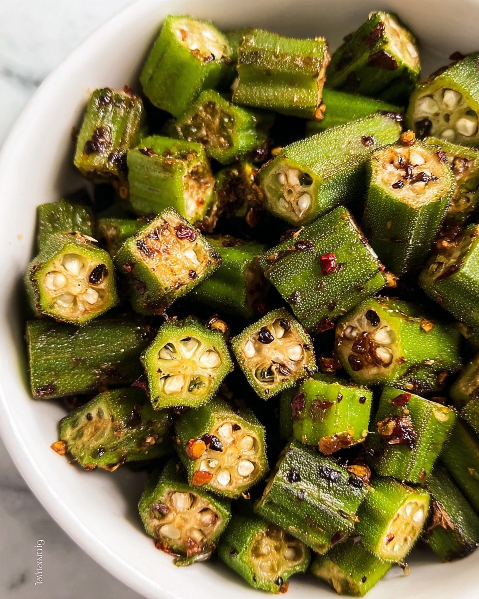 This image shows a close-up of roasted okra pieces in a white bowl. The okra is cut into short segments with a green, slightly shiny and textured outer skin. The inside reveals a lighter green and pale cream color with visible seeds. Some pieces have small blackened spots and are sprinkled with small red chili flakes and coarse salt. The bowl sits on a white marbled surface. photo taken with an iphone --ar 4:5 --v 7