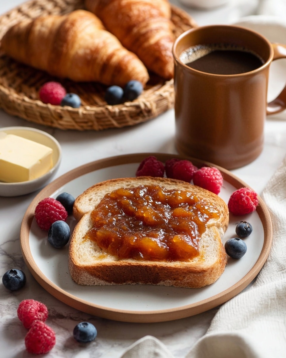 A slice of toasted white bread lies flat on a gray plate, topped with a glossy apple jam spread showing soft, chunky apple pieces in golden brown syrup. Around the toast on the plate are fresh blueberries and raspberries, adding deep blue and bright red color. Near the plate, a small white dish holds a block of pale yellow butter. Behind the toast, a golden brown croissant with a shiny flaky crust rests on a woven placemat with a few berries scattered nearby. To the right, there is a steaming cup of coffee in a light brown mug. The whole scene is set on a white marbled surface, with soft, natural light coming from the right side. Photo taken with an iphone --ar 4:5 --v 7