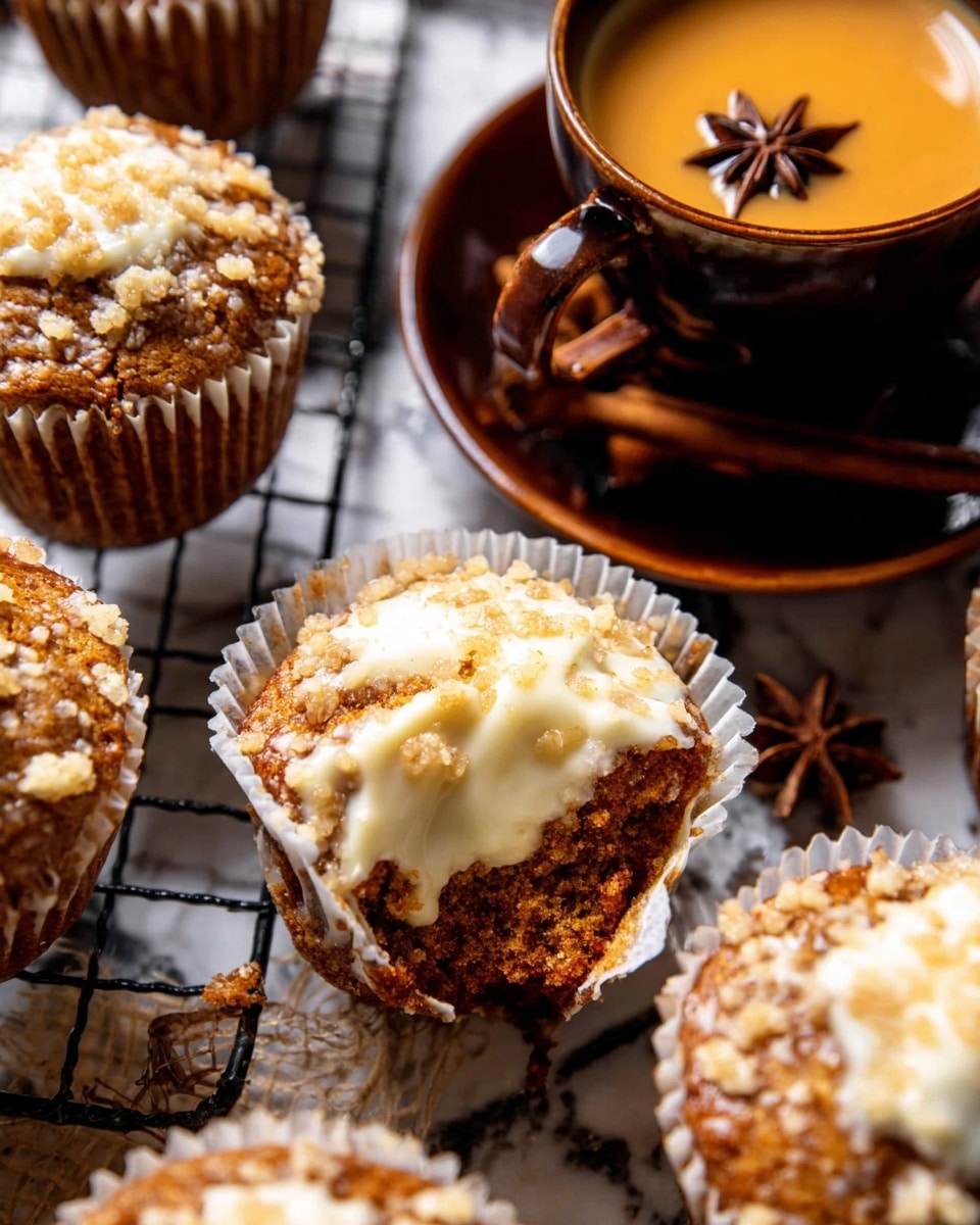 This image shows several brown muffins with a creamy white swirl on top and inside, visible in a muffin that is split open in the center. The muffins have a soft, crumbly texture with some sugar crystals visible on the surface. They sit on a dark wire rack over a wooden table. In the background, there is a brown cup with a hot drink inside, topped with a spice. Some muffins are still in white paper liners. The whole scene is warm and cozy, with close-up details that highlight the texture of the muffins and the creamy filling. Photo taken with an iphone --ar 4:5 --v 7