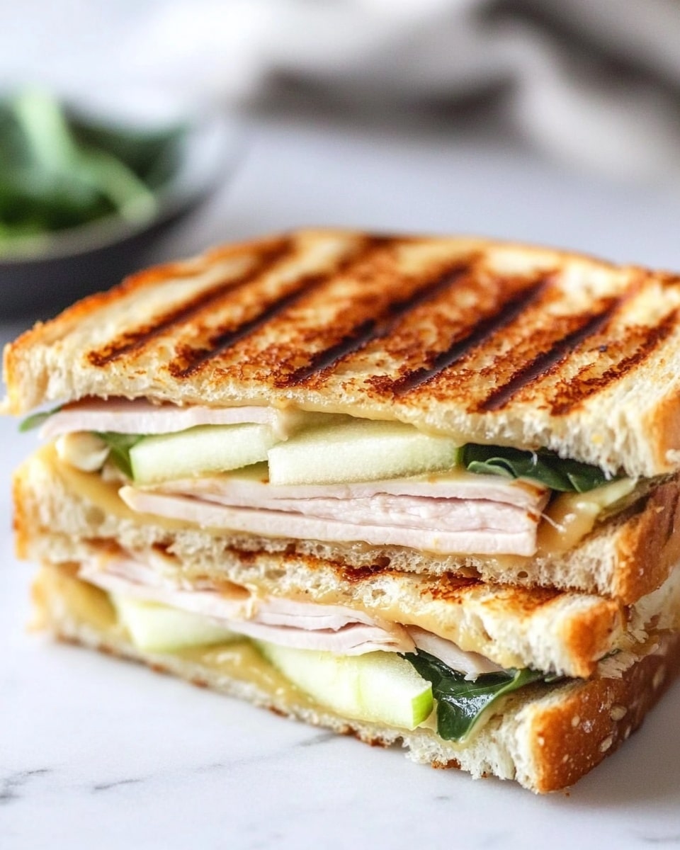 The image shows a close-up of a sandwich cut in half and stacked, resting on a white marbled surface. The sandwich has three visible layers of golden brown toasted bread with grill marks on the top layer. Inside, there are thin slices of pale turkey meat, light green apple slices, and a layer of dark green leafy greens. The sandwich looks warm and crispy on the outside with fresh, thin fillings inside. Photo taken with an iphone --ar 4:5 --v 6.1