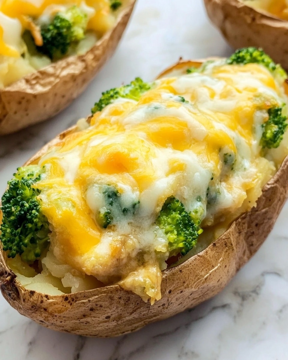 The image shows several baked potato halves filled with a creamy mixture of mashed potato and broccoli pieces, topped with melted cheese that is golden yellow with some white melted spots. Each potato half has a crispy brown skin and is generously stuffed with the filling, overflowing slightly above the edges. The filling is textured, showing small broccoli florets mixed throughout the mashed potato, and the melted cheese drips slowly over the top of each stuffed potato. The potatoes are placed on crinkled, light brown parchment paper, with a few green broccoli florets visible in the background on a white marbled surface. photo taken with an iphone --ar 4:5 --v 6.1