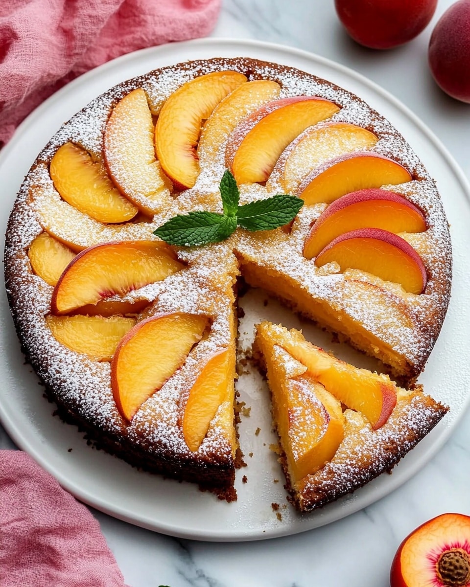 A slice of cake with three layers: the bottom layer is pale and soft, the middle layer has small pieces of cooked peach, and the top layer is golden brown with baked peach slices visible. The top is dusted with white powdered sugar and sits on a white plate with a dotted edge pattern. A small green mint leaf garnish is placed next to the cake. A knife with a brown wooden handle rests on the plate with some cake crumbs and a piece of peach on its tip. The plate is on a white marbled surface. Photo taken with an iphone --ar 4:5 --v 6.1